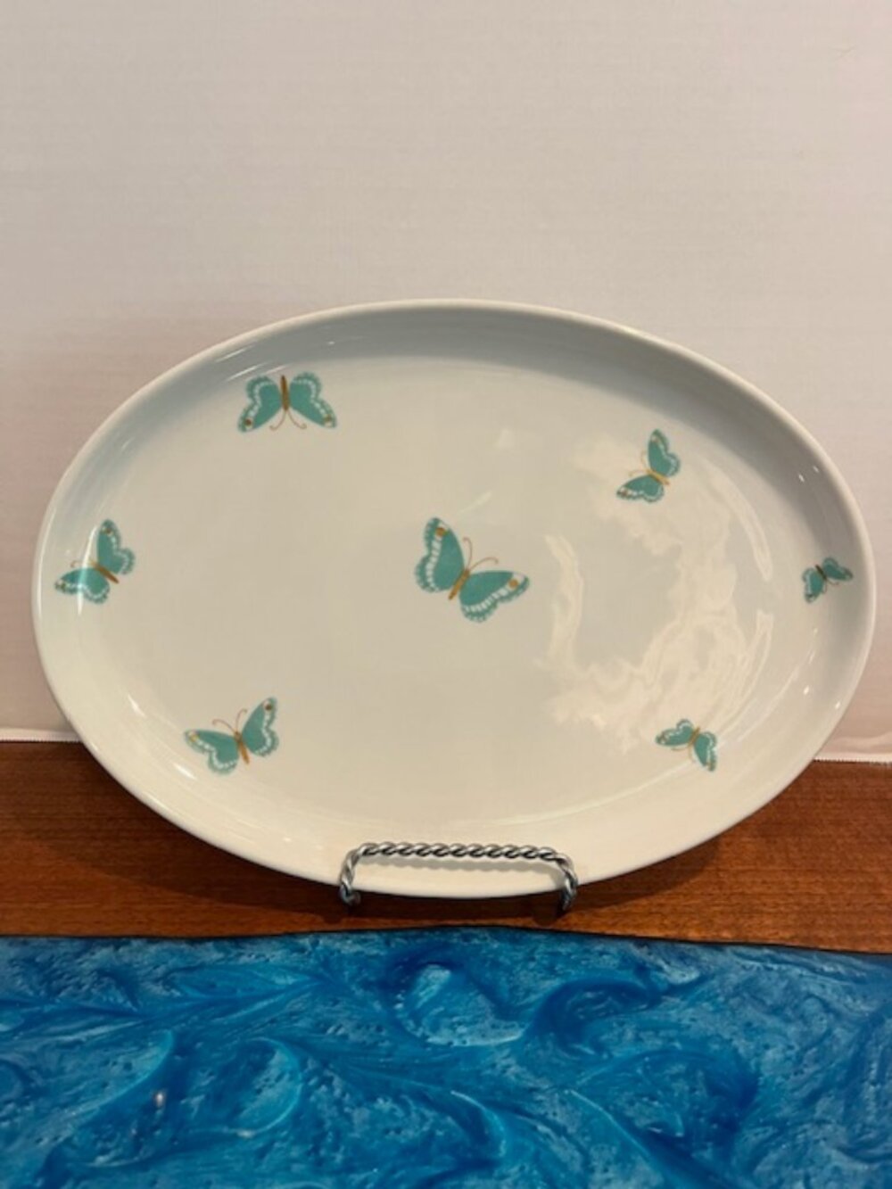Vintage 1960's Jean Luce Blue Butterfly w/Gold Accents Oval Serving Platter Tray